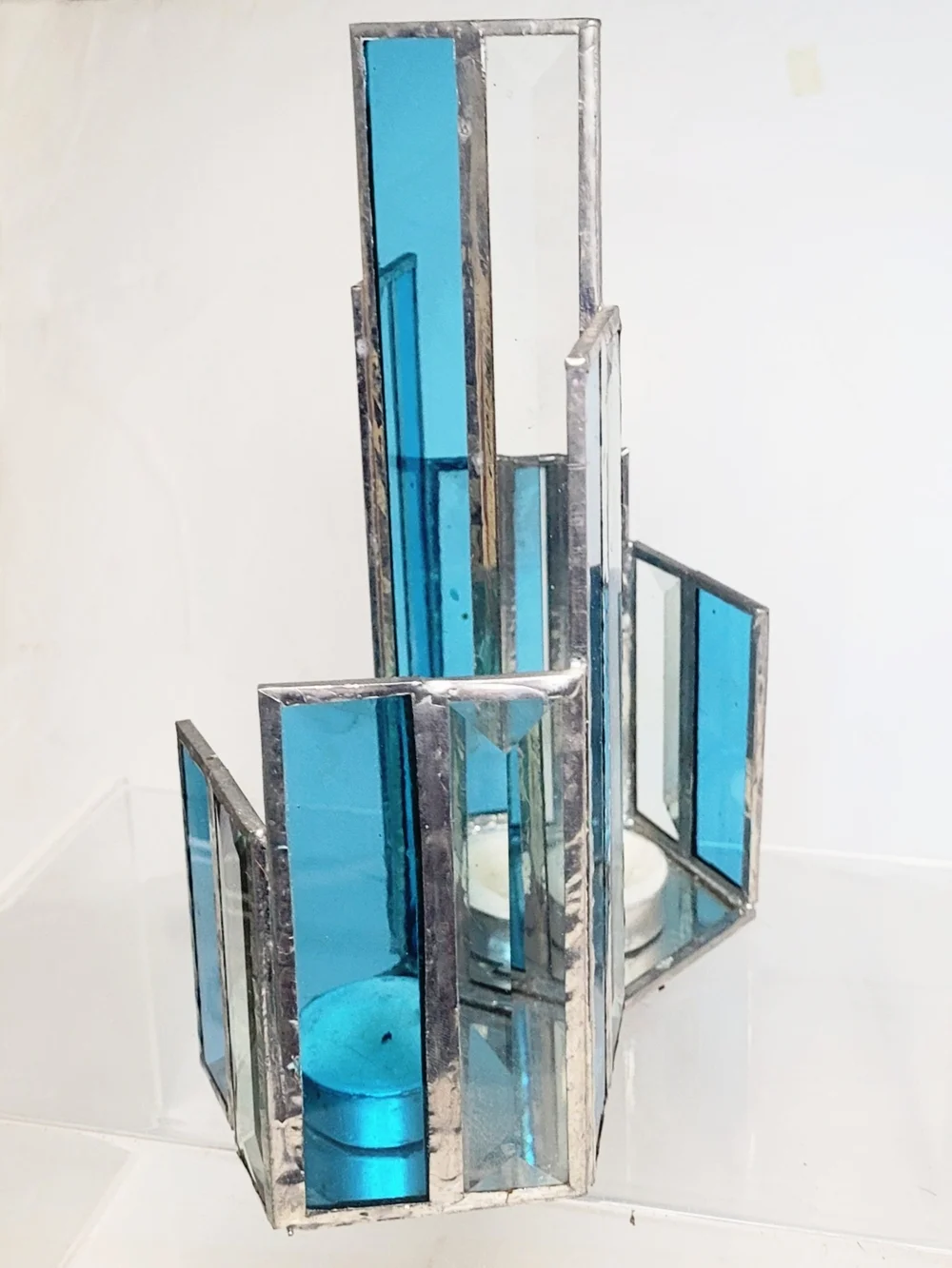 Vintage Unique Handmade Beveled Stained Glass Dual Candle Holder